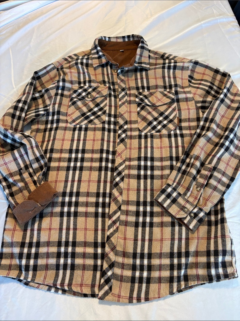 Men's Plaid Flannel Shirt with Brown Cord Collar and Cuffs